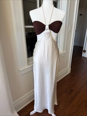 Bec & Bridge White and Brown Cutout Halter Maxi Dress